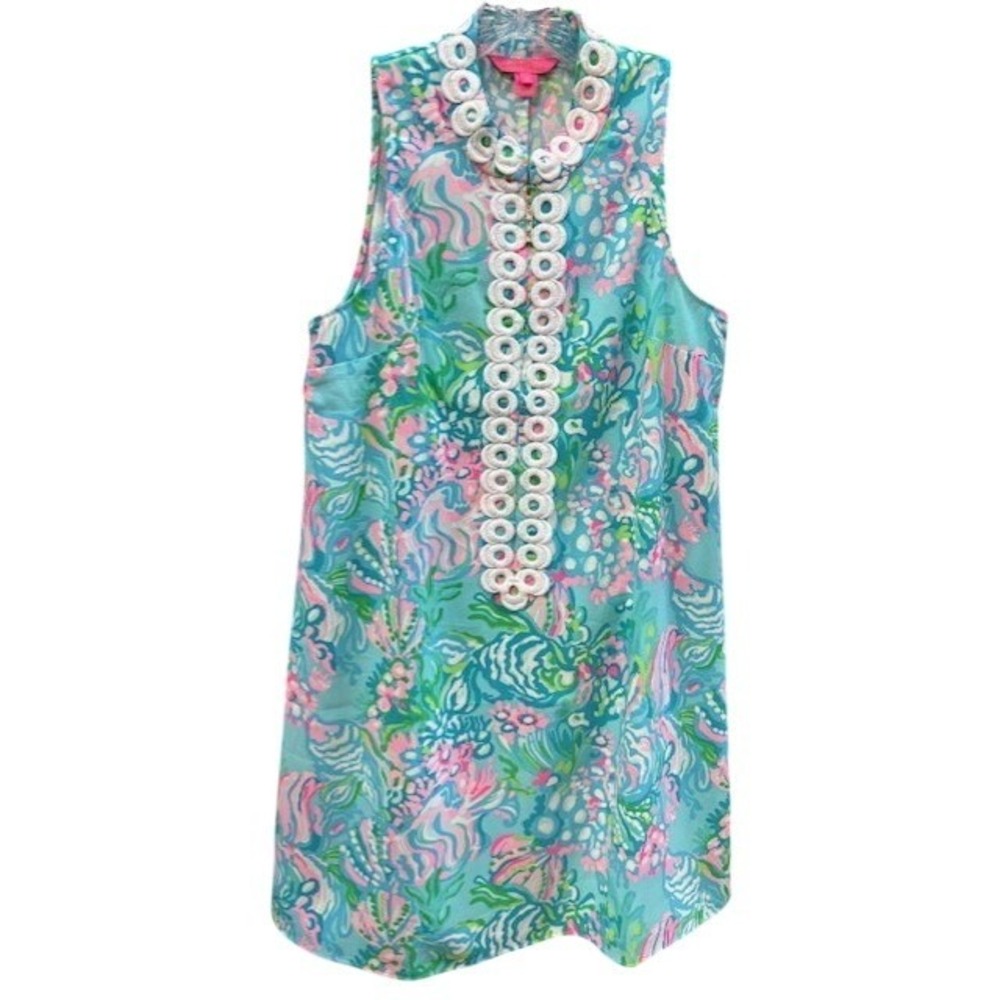 Lilly Pulitzer Sleeveless Shift Dress Blue Pink Sea Life Lace Trim Size 6